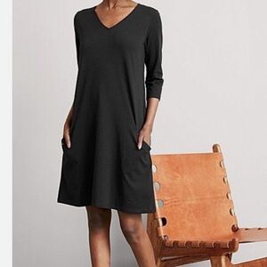 EILEEN FISHER Black Viscose Jersey Classic A-Line V-Neck Dress Pockets Size XS
